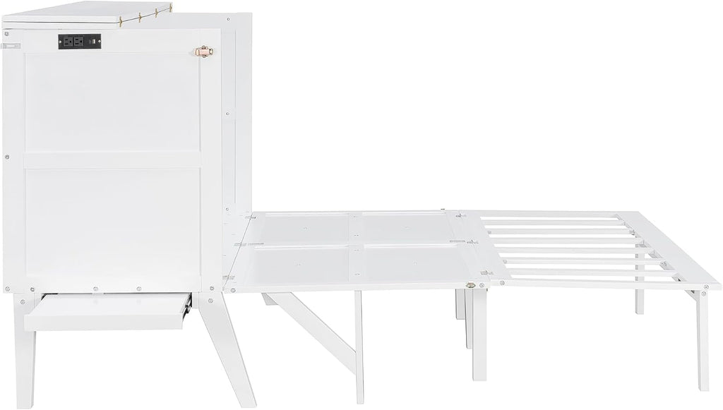 Foldable Murphy Cabinet Bed with Removable Shelves on Each Side and Desk, Queen Wood Murphy Bed with USB Port for Bedroom, White