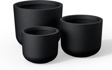 Set of 3 Black Concrete Capsule Planters 13.1" 11" 13.1" Dia | Drainage for Outdoor, Rubber Plug for Indoor Home