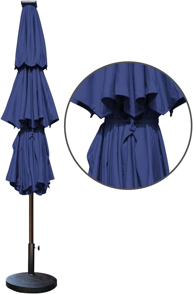 USA 10-Year-Non-Fading 9ft 3-Tier Market Patio Umbrella, Commercial Table Umbrella with 80 Solar LED Lights - Navy Blue