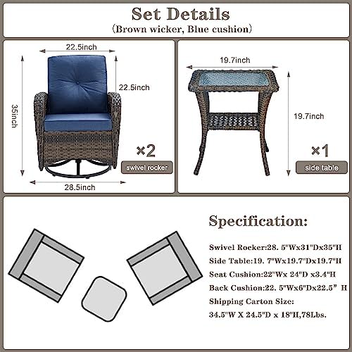 3-Piece Wicker Outdoor Patio Furniture Set - Swivel | Brown for Patio, Garden & Porch