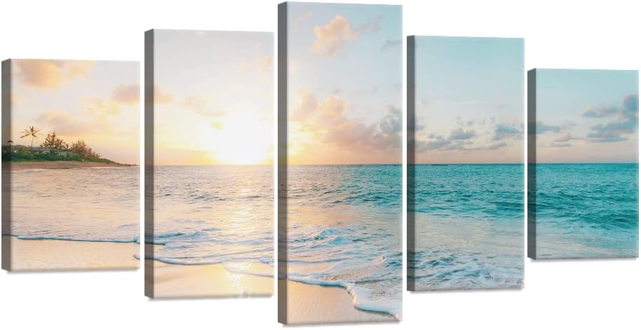 5 Pieces Beach Sunset Canvas Wall Art Blue Sea Prints Romantic Ocean Waves Pictures Painting Bedroom Home Decorations