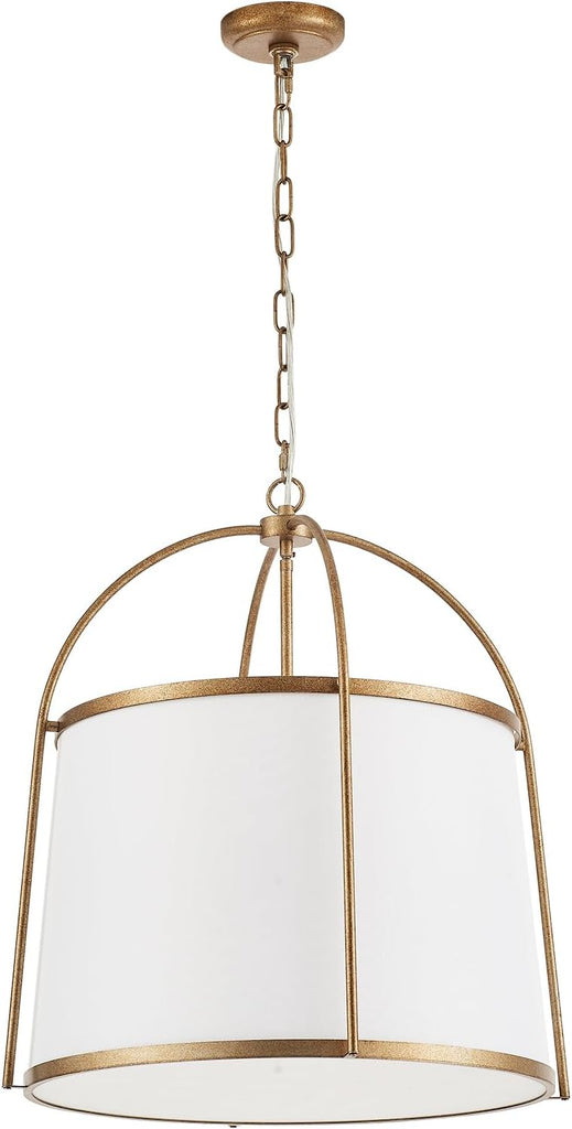 Rustic Modern Chandelier for Entryway, Dining Room Chandelier with Off-White Fabric Shade, Gold Pendant Light Fixture