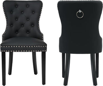 PU Leather Dining Chairs Set of 2, Upholstered Dining Room Chairs with Wooden Legs & Pull Ring, Modern Kitchen Chairs