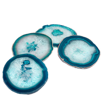 Teal Agate Coasters for Drinks - Set of 4 Geode Crystal Quartz Rock Slices With Rubber Bumpers 3-3.5"