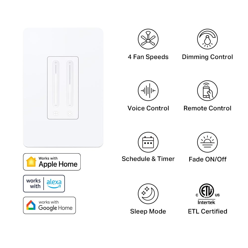 Ceiling Fan Control & Dimmer Switch | Adjustable 4-Speed Fan & Brightness Control | Works w/Apple HomeKit