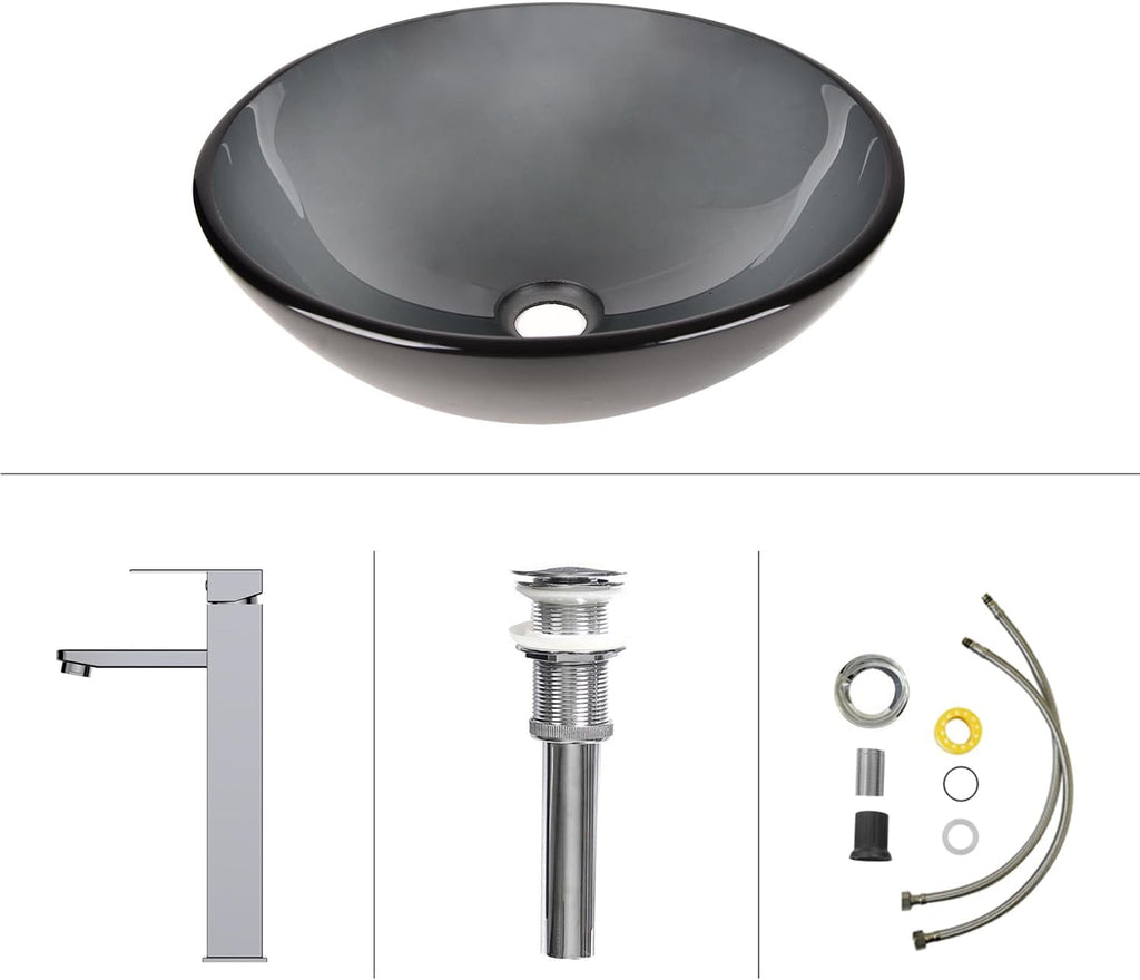 Bathroom Vessel Sink, Tempered Glass Vanity Round Bowl with Chrome Faucet and Pop up drain Set, Bluish Grey