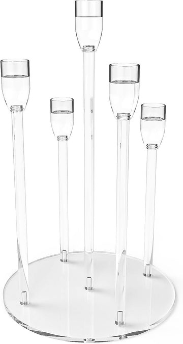 Candelabra Centerpieces for Tables 5 Arm Clear Candle Holder Fit 0.87" LED Pillar Taper Candlestick with Round
