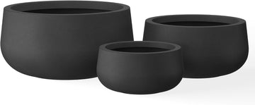 Set of 3 Black Concrete Bowl Planters 19.6" 16" 19.6" Dia | Drainage for Outdoor, Rubber Plug for Indoor Home