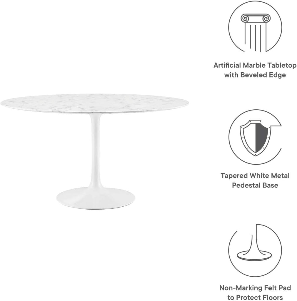 Inspired Saarinen Style Tulip Round Pedestal Dining Table — White Marble Top, 47″ Round