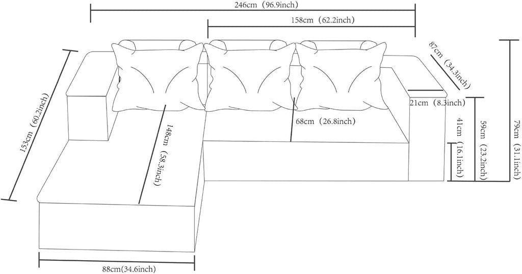 97" Cloud Couch Sectional, L Shaped Boneless Couch Sectional Couches for Living Room