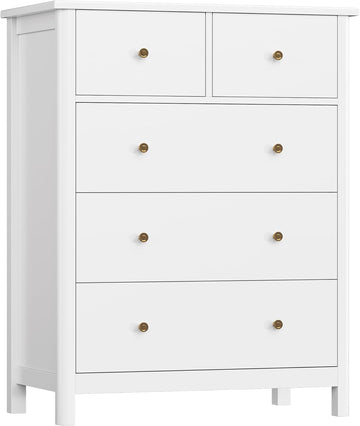 White Dresser with 5 Drawers, Tall Chest of Drawers, 5 Drawer Dresser with Deep Space, Wood Storage Cabinet , White