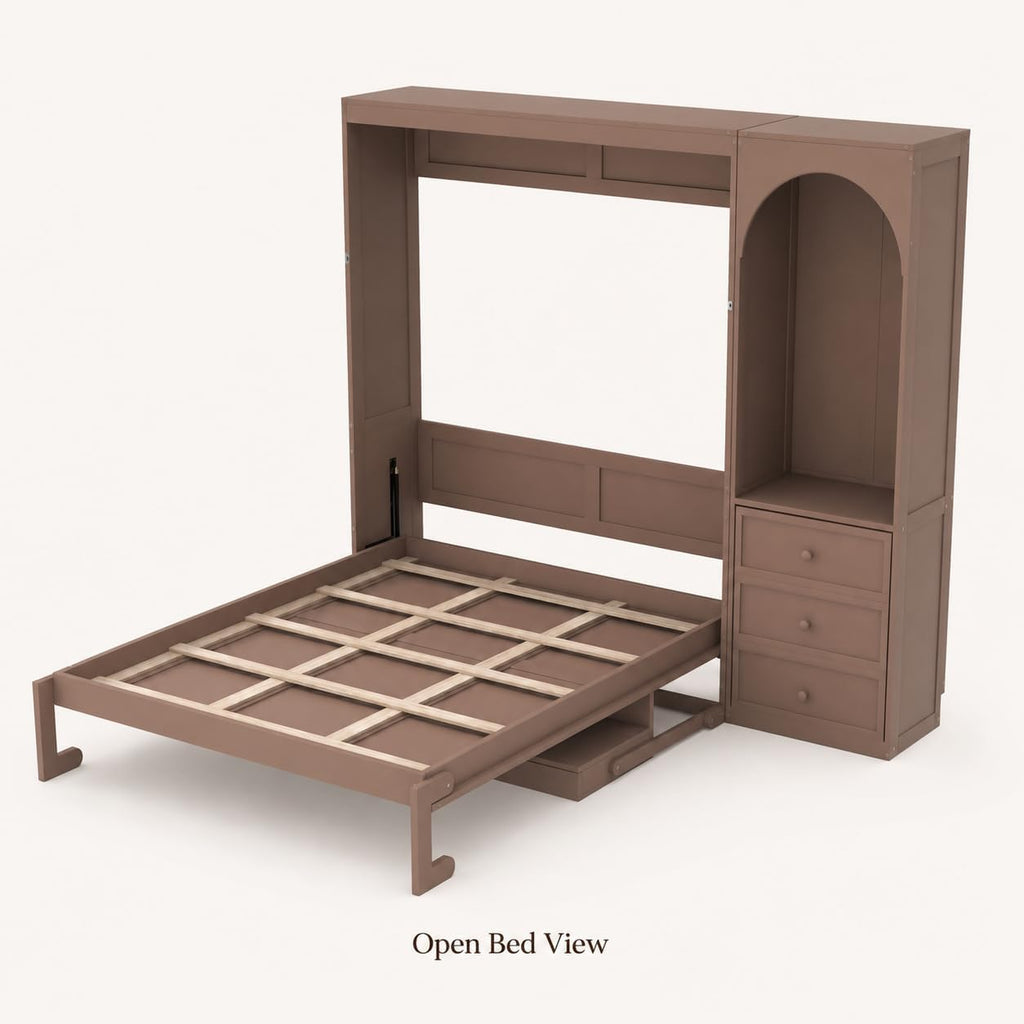 Queen Murphy Bed with Storage Shelf and 3 Drawers, Multifunctional Hidden Wall Bed with Desk and LED Light for Small