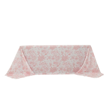 90x132 inch Rectangular Tablecloth White Pink French Toile Polyester Vintage Pastoral Floral Rustic Table Cloth