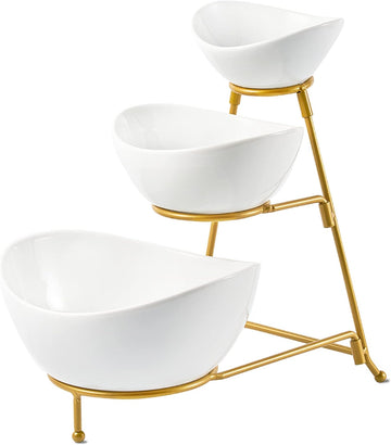3 Tier Serving Bowls Set Tiered Serving Stand, Porcelain Oval Bowls with Collapsible Metal Stand for Entertaining