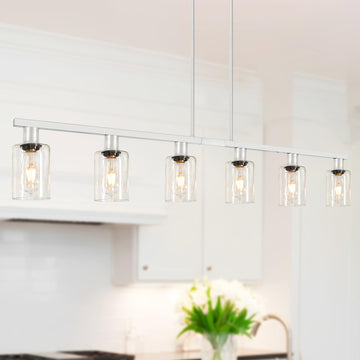 Kitchen Island Lighting with Glass Shade and Adjustable Rods, Brushed Nickel Dining Room Light Fixture Over