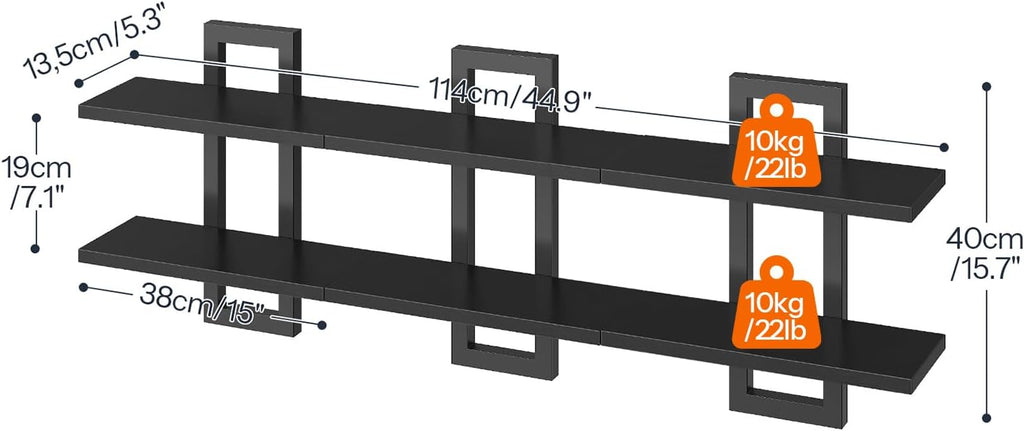 Floating Shelves, 15 Inch Wall Shelf Set of 3, Wall Mounted Storage Shelves 2-Tier, Hanging Bathroom Shelves, Black