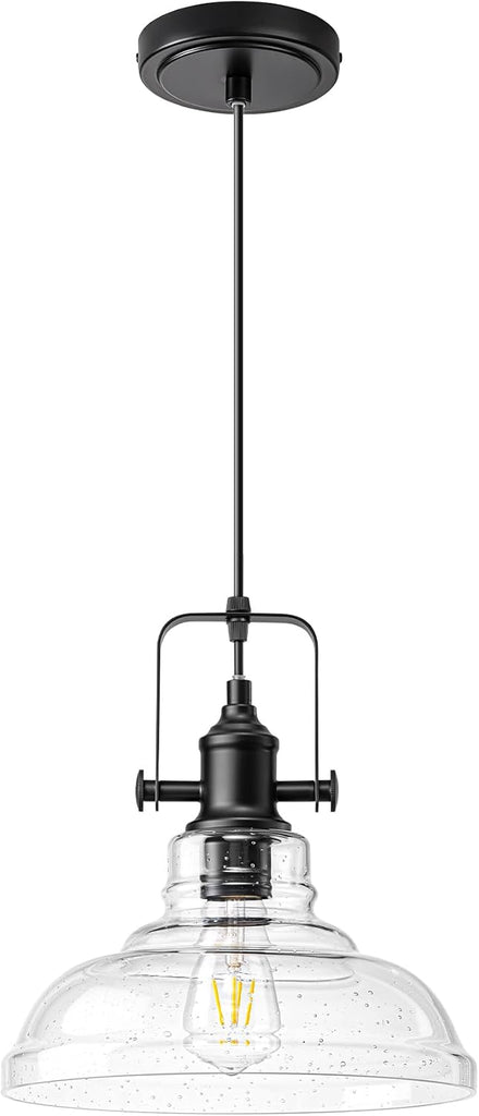 Farmhouse Pendant Lights Kitchen Island, Clear Seeded Glass Shade Hanging Light with Matte Black Finish, Modern