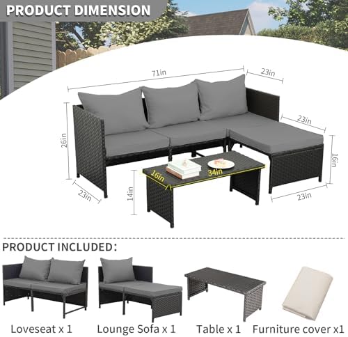 3-Piece PE Rattan Outdoor Patio Furniture Set - Conversation | Black for Patio, Garden & Porch