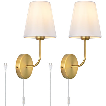 Plug in Wall Sconces Set of 2, Gold Finish with White Fabric Shades, Wall Lamp with On Off Switch, Farmhouse Lighting