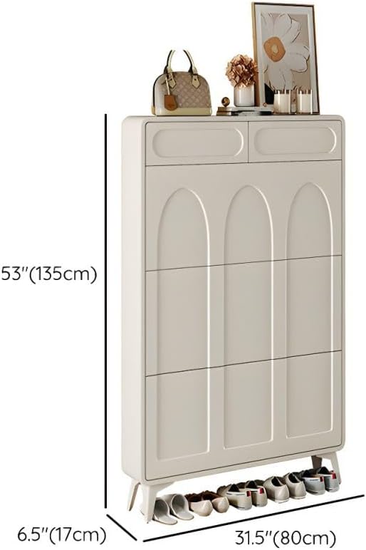 Shoe Storage Cabinet with Drawers & Adjustable Shelves Cream Ultra-thin Flip Shoe Cabinet Door Indoor Entrance Porch