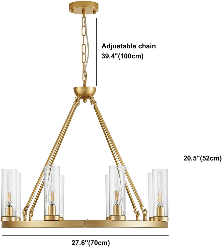 Inspired Ravelle Style 27D Gold Wheel Chandelier 8 Light Round Metal Pendant Light with Clear Glass Shades for Dining Room Kitchen Living Room Industrial Farmhouse Lighting Fixture