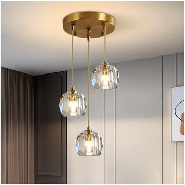 Chandelier Light Modern Chandelier Copper Crystal Pendant Light 47" Long Adjustable Ceiling Light for Living Room Staircase Hotel Ceiling Lighting Fixture(3 Head)