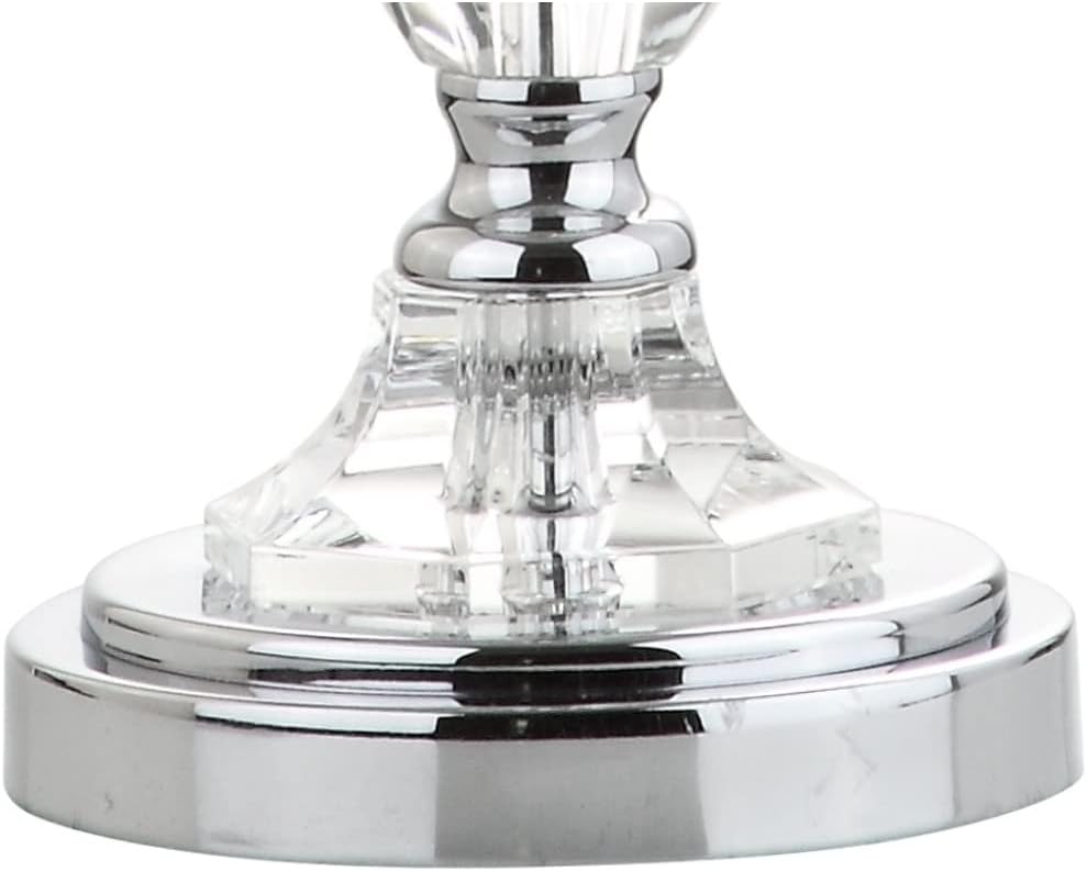 27" Clear Crystal LED Table Lamp, Traditional French Country Chrome Nightstand Lamp with White Linen Drum Shade