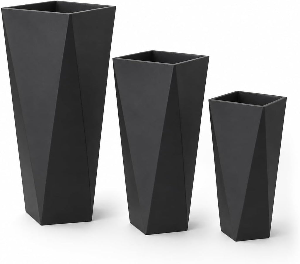 Tall Large Planters Set of 3, Modern Stackable Outdoor Flower Pots with Drainage Holes, Geometric Geometric