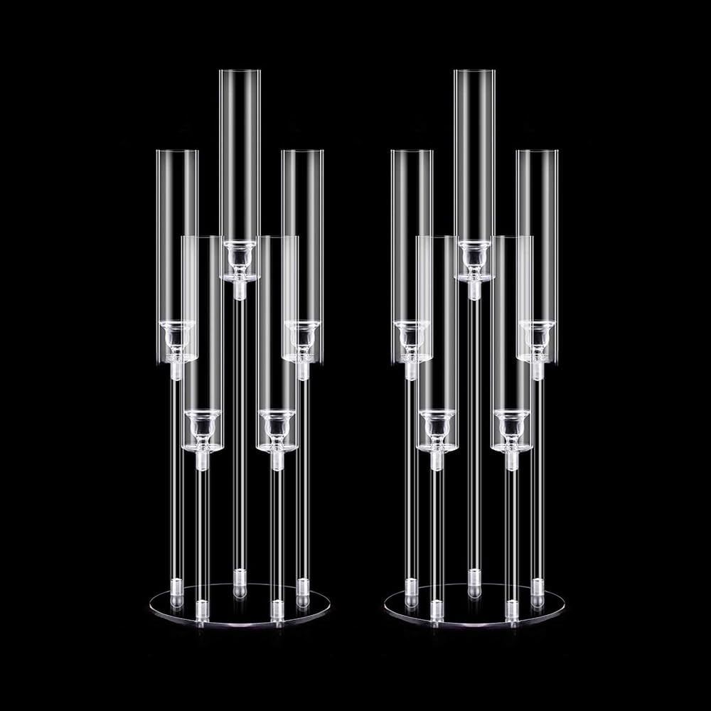 2Pcs Acrylic Candelabra Centerpieces 25.5" Tall Crystal Taper Candlestick with Shade Fit 0.87'' Led Candle