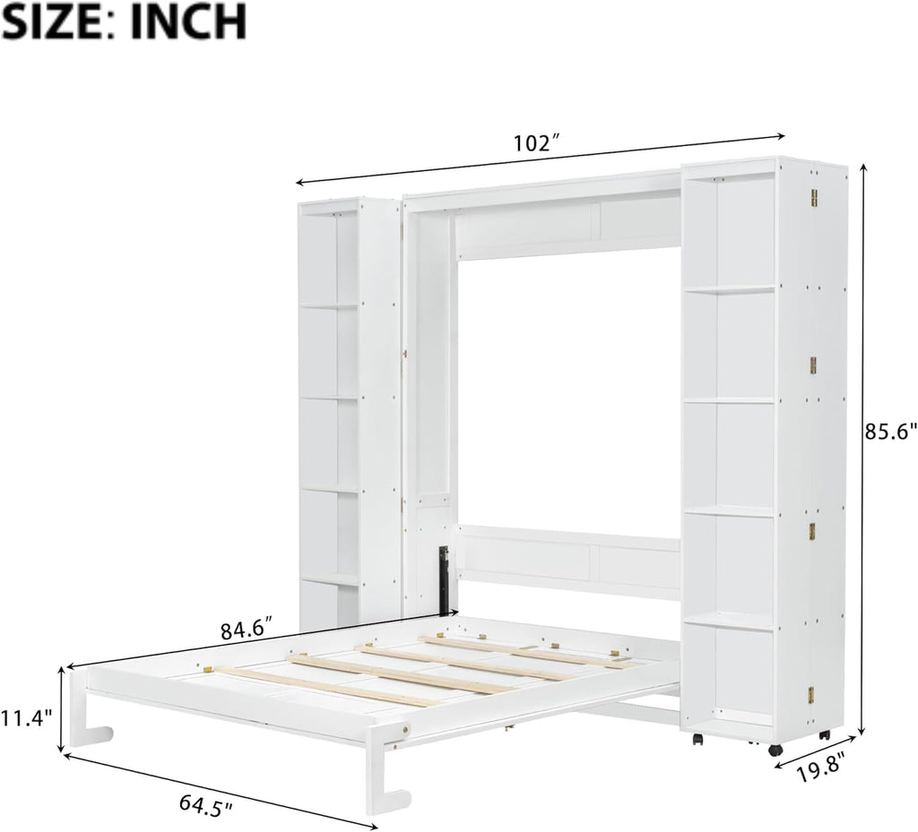 Queen Murphy Bed Cabinet with Storage Bookshelf Bookcase, Wood Hidden Foldable White Murphy Wall Bed with Storage