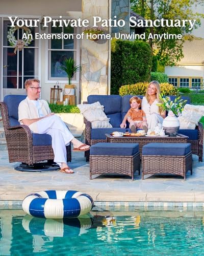 7-Piece Wicker Outdoor Patio Furniture Set - Swivel | Blue with Thick Cushions for Patio, Garden & Porch