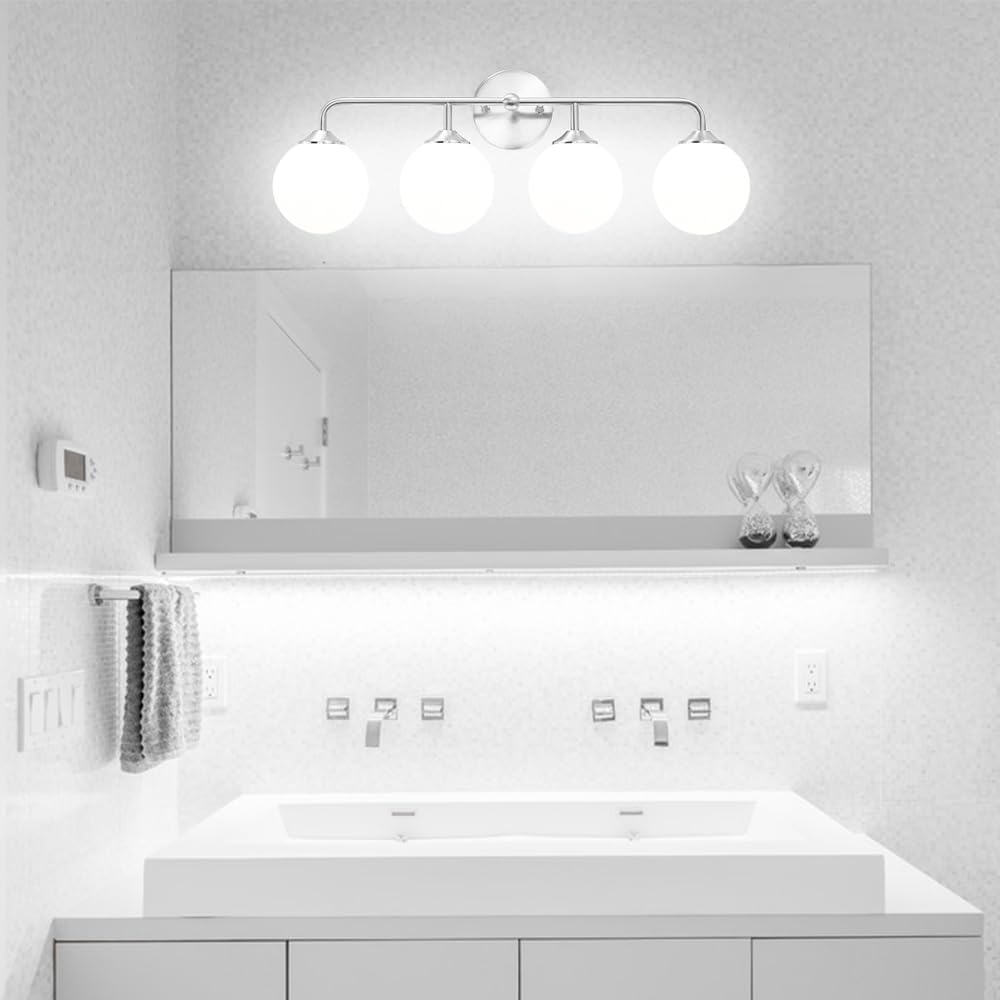 Modern 4-Lights Brushed Nickel Vanity Lights Over Mirror, Bathroom Lighting Fixtures with Milk White Globe Glass