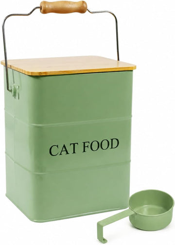 Cat food storage container storage bin with wooden lid scoop included green metal cat food container countertop