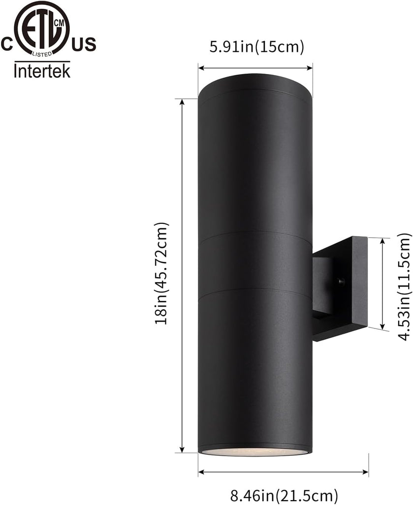 18" Modern Outdoor Porch Light Patio Light in 2 Lights with Aluminum Cylinder and Tempered Glass Cover Waterproof Wall Sconce 2 Pack (Matte Black)