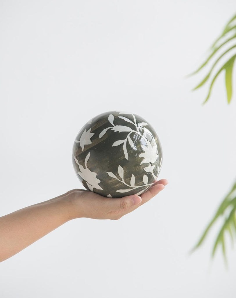 Set of 3 Ceramic Decorative Spheres - Handcrafted Floral Gray Orbs, Different Sizes, Decor, Tabletop Accent, Shelf