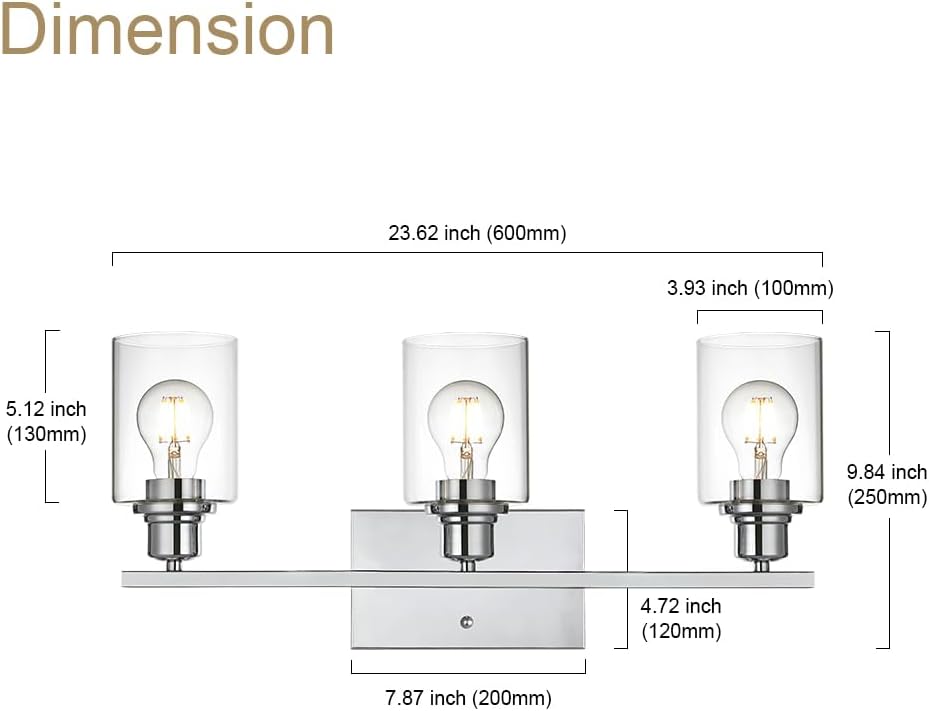 3 Light Wall Light Fixture with Clear Glass Shade Classic Bathroom Vanity Lighting Fixture in Chrome Finish Metal