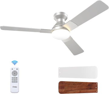 Ceiling Fans with Lights, 52 inch Low Profile Ceiling Fan with Light and Remote Control, Flush Mount, Reversible, 3CCT, Dimmable, Noiseless, Silver Ceiling Fan for Bedroom, Indoor/Outdoor Use