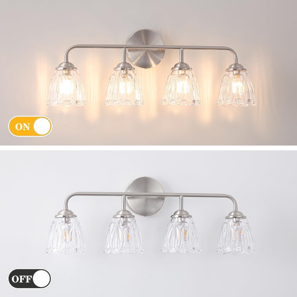 Vintage 4-Light Brushed Nickel Bathroom Light Fixtures, Elegant Bathroom Vanity Lights Over Mirror, Vanity Lighting