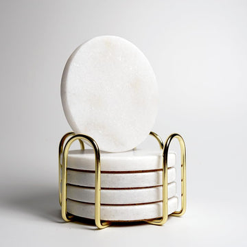 Inches Modern Shining White Marble Coasters with Gold Metal Holder, Round Natural Stone Drink Coasters - Set of 5