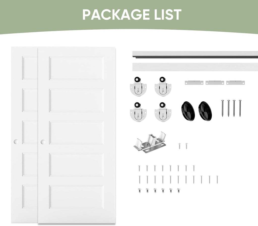 72x80 in 5-Panel Bypass Sliding Closet Door, White Primed Door Slab with Bypass Closet Track Hardwar