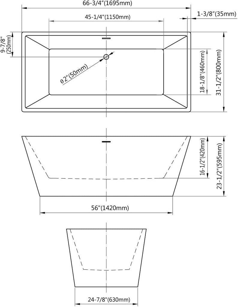 Dowell 072 66" Luxury Contemorary High Grade Acrylic FREE STANDING Bathtub Modern Black