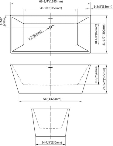 Dowell 072 66" Luxury Contemorary High Grade Acrylic FREE STANDING Bathtub Modern Black