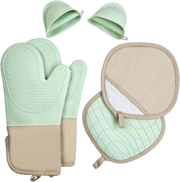 6-Piece Silicone Oven Mitts Set, Heat Resistant Kitchen Gloves with Soft Cotton Lining, Pot Holders & Mini Mitts for