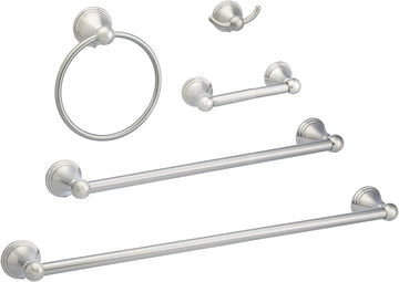 5 Piece Bathroom Hardware Set, Satin Nickel, Towel Bar, Toilet Paper Holder, Towel Ring, Robe Hook, AB-BR817-SN