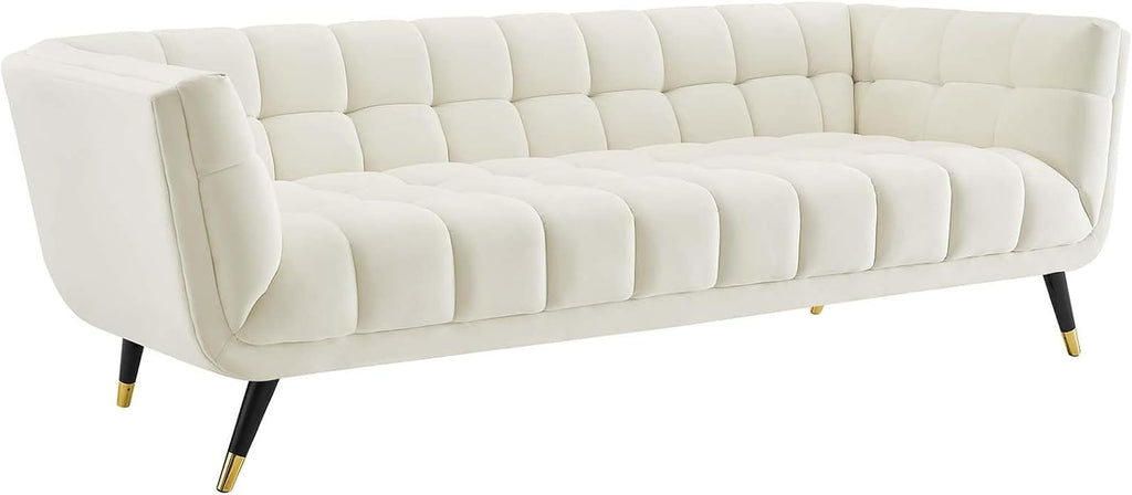 Adept Contemporary Mid-Century Modern Performance Velvet Upholstered Tufted Sofa in Ivory