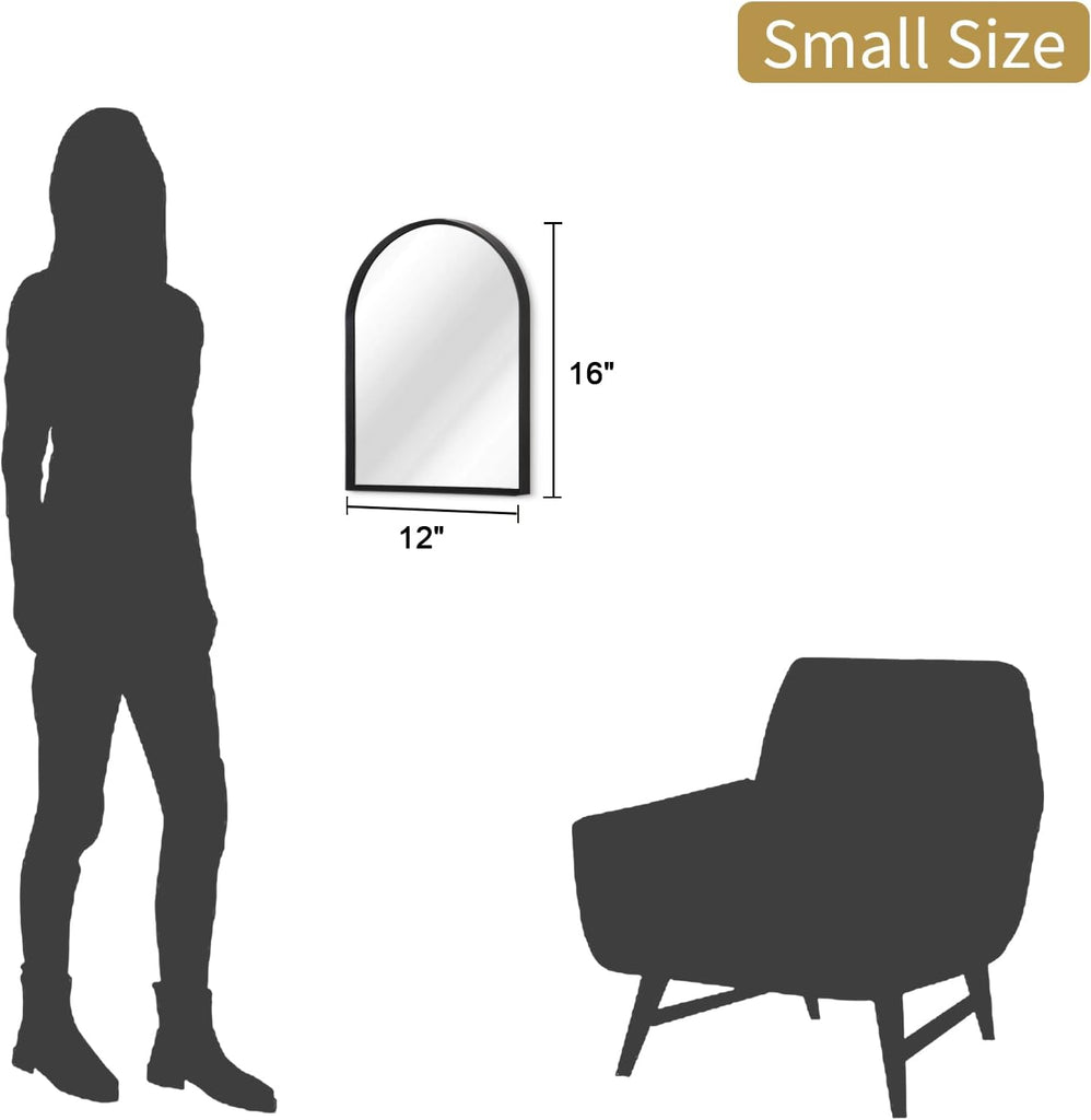 Black Arched Mirror, Modern Bathroom Wall Mirror Aluminum Alloy Framed Mirror Brushed Metal Vanity Wall Mounted Mirror
