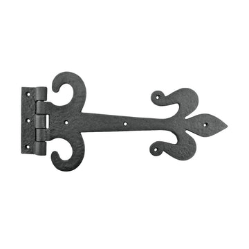 Gate Hinges 12 in. Black Wrought Iron Fleur De Lis Style Strap Hinges for Gates and Doors with Mounting Hardware