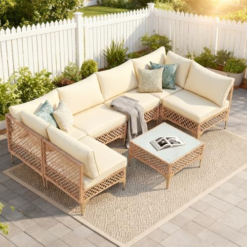 7-Piece Wicker Outdoor Patio Furniture Set | Beige with Thick Cushions for Backyard, Garden & Porch
