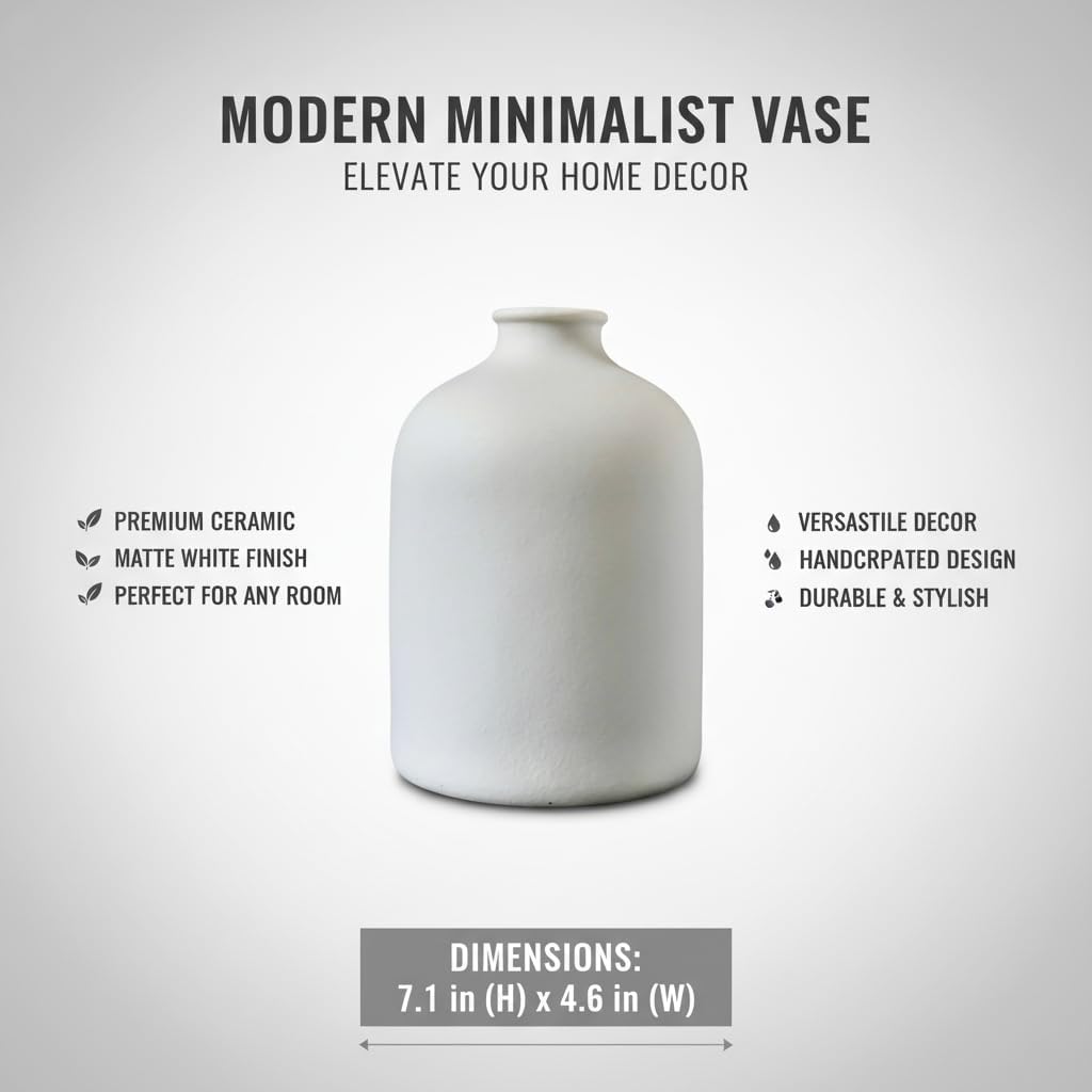 White Ceramic Vase - 7 Inch Tall - Large, Minimalist Modern Home Decor, Decorative Object - Centerpiece