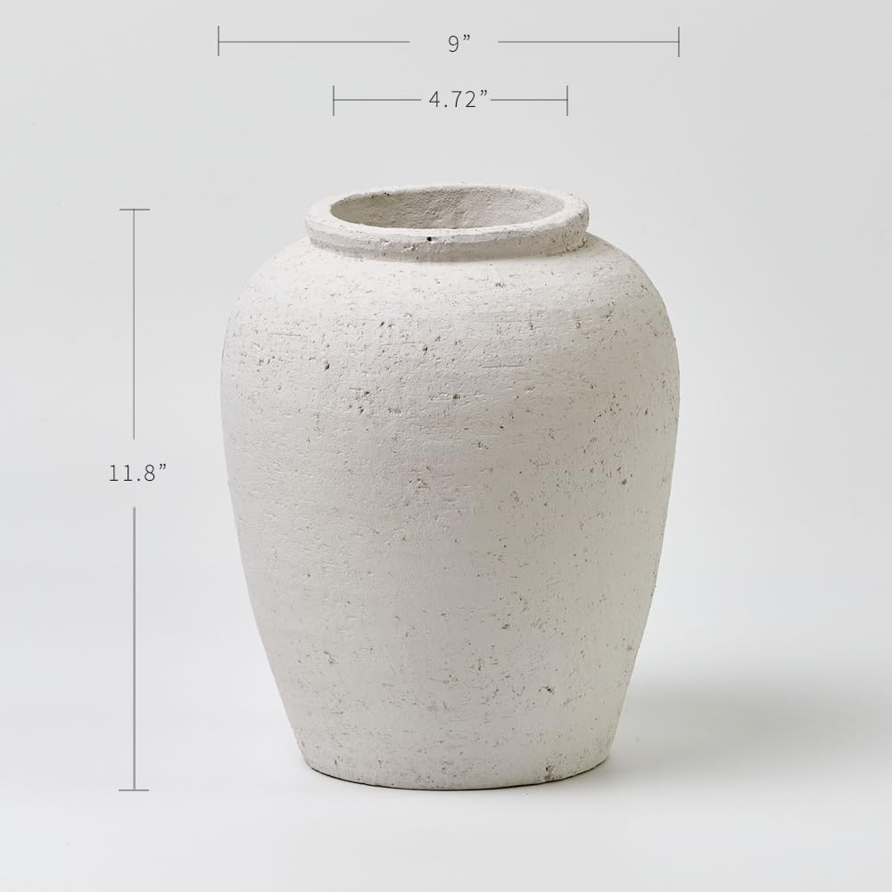 White Ceramic Large Vase, 11.8" Tall Zen Style, Terra Cotta Pitcher Vase, Distressed Farmhouse Decor, Pottery